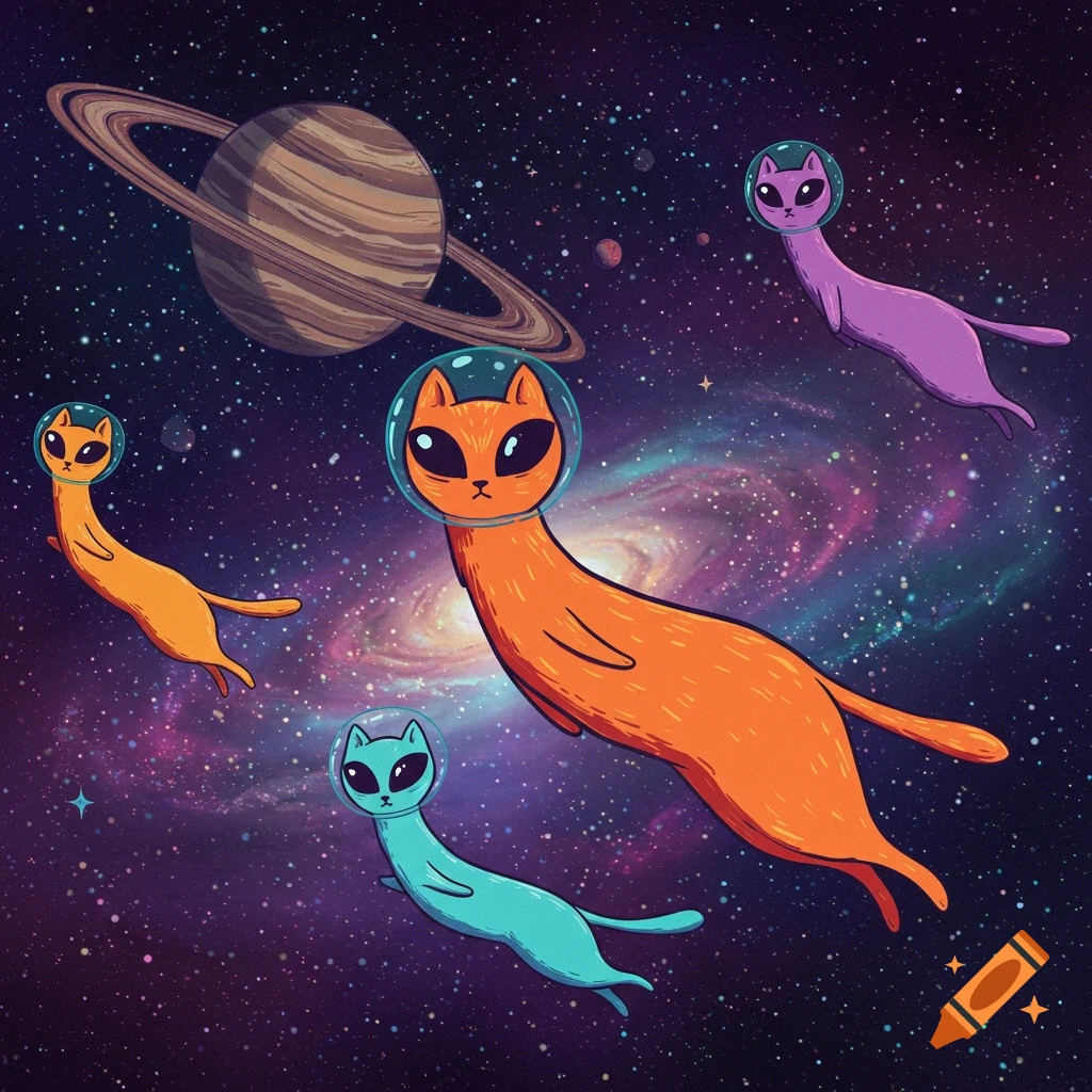 Cartoon alien cats with helmets float in space near Saturn, against a starry galaxy background.