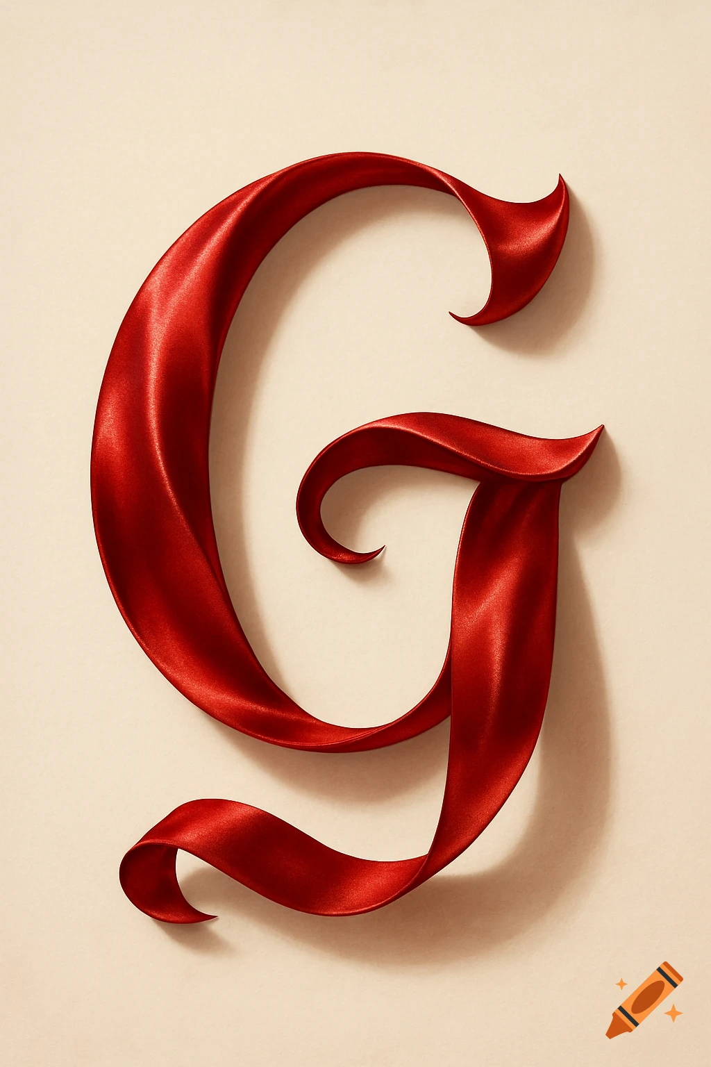 A capital letter G formed by a flowing, shiny red silk ribbon on a light cream background.