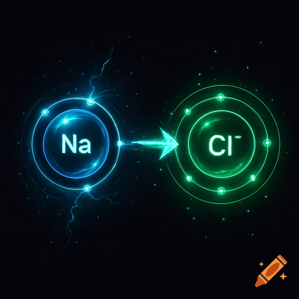 Stylized diagram showing a blue Na atom and a green Cl- ion connected by an arrow, representing an ionic bond.