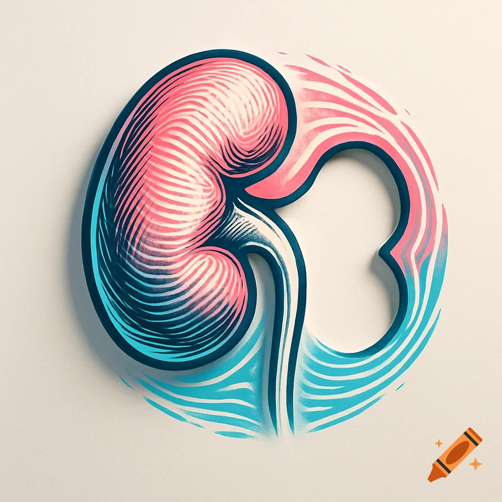 A stylized 3D kidney logo in pink, white, and teal with an etching style, depicting a kidney donation concept.