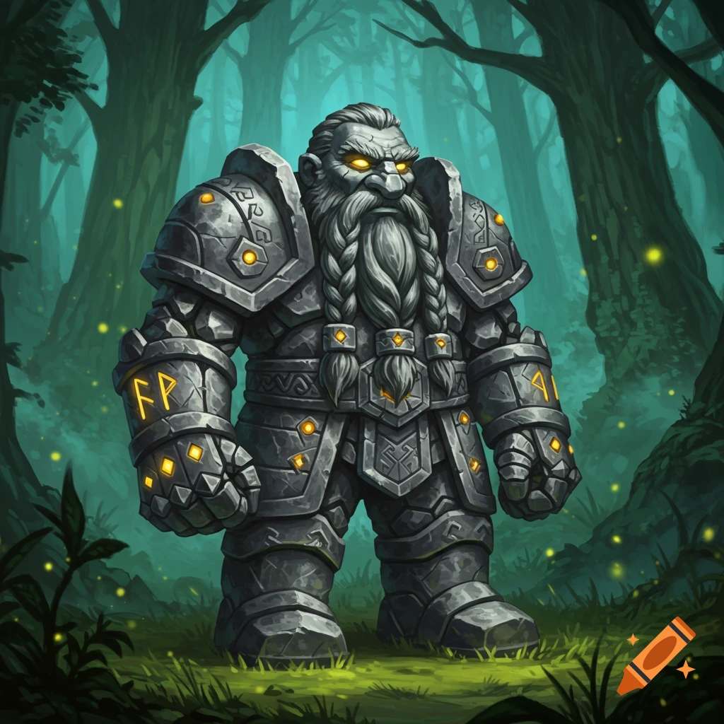 A stoic stone dwarf warrior with a long braided beard and glowing yellow eyes stands in a dark, mystical forest. Golden runes illuminate its armor.