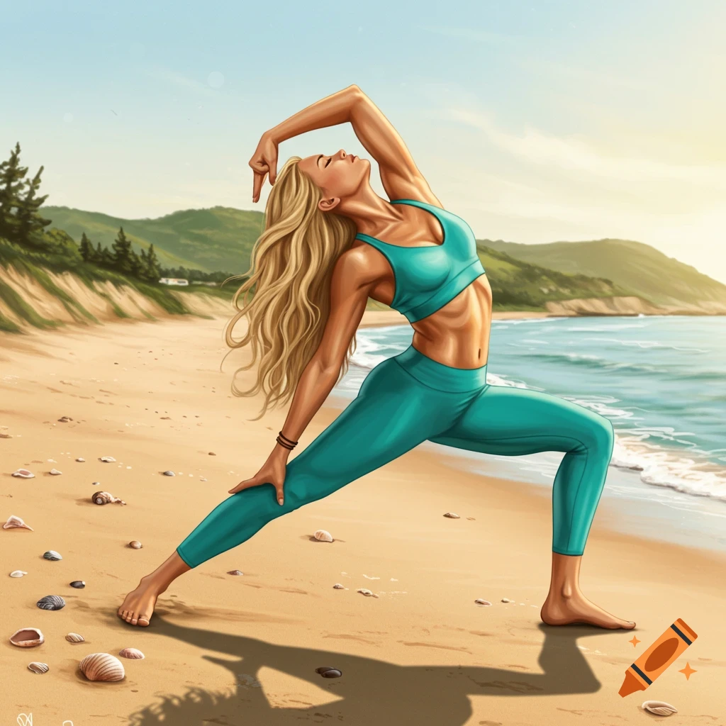 An illustration of a blonde woman in teal yoga wear stretching on a sandy beach with ocean and mountains.