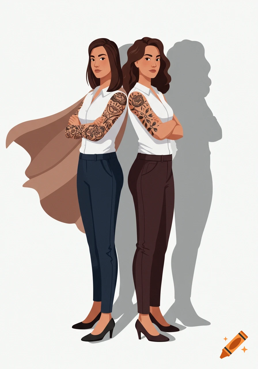Two illustrated women with tattooed arms stand back-to-back in business attire; their shadows are caped superheroes.