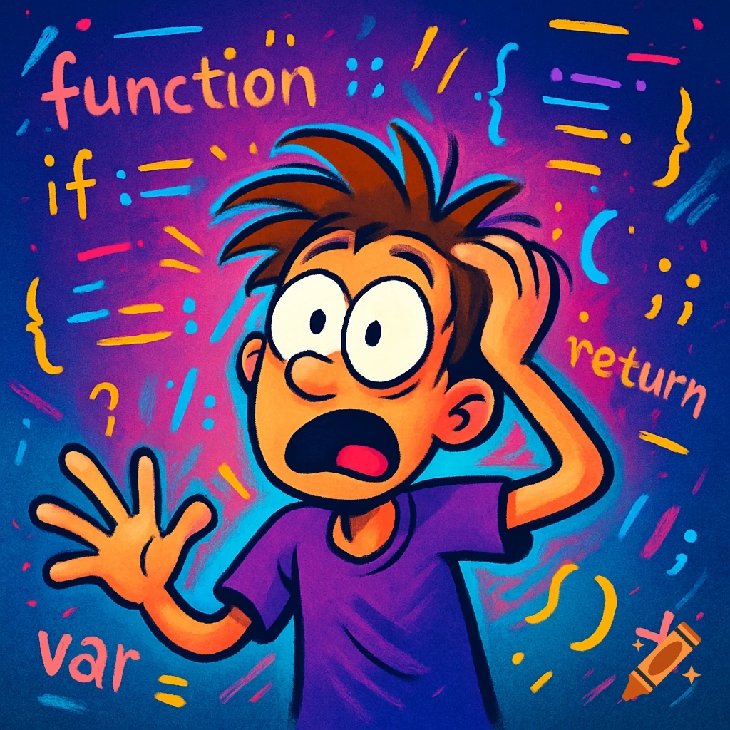 Cartoon of a stressed boy holding his head, surrounded by colorful programming keywords like 'function', 'if', 'return', 'var', and syntax symbols.