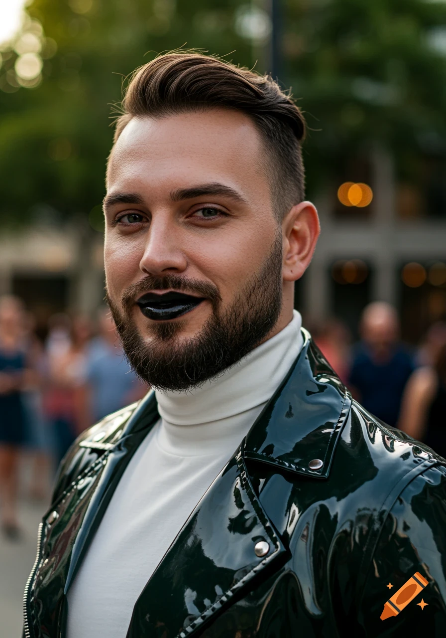Photorealistic portrait of a smiling bearded man with black lipstick, wearing a white turtleneck and shiny dark jacket in a bright city.