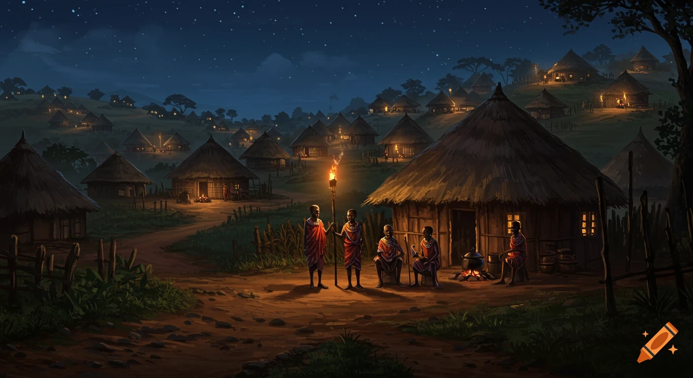 Nighttime scene of an African village with people standing near a hut with a torch, and many other lit huts on a hill under a starry sky.