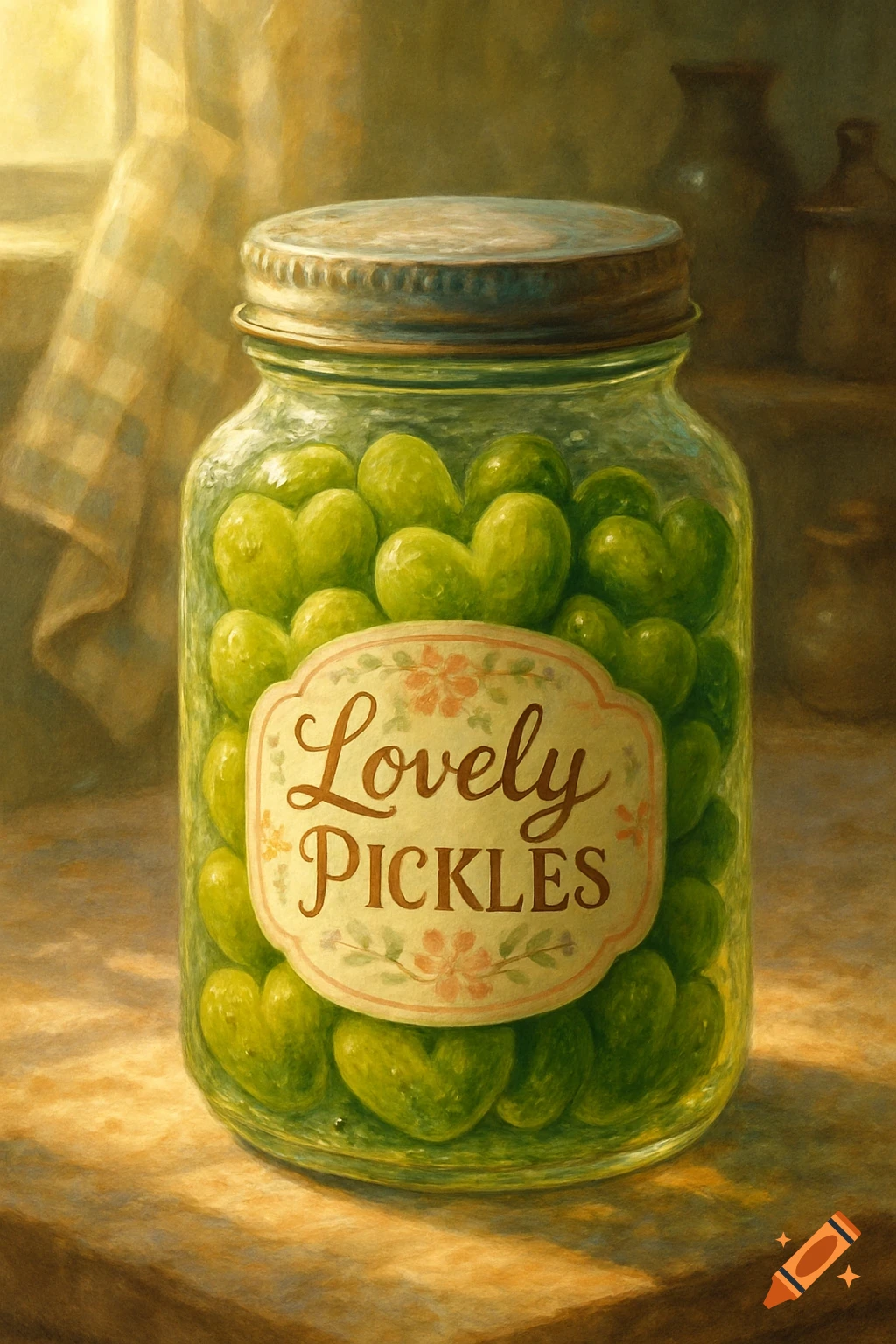 A still life painting of a glass jar filled with green heart-shaped pickles, with a label reading "Lovely PICKLES" on the front.