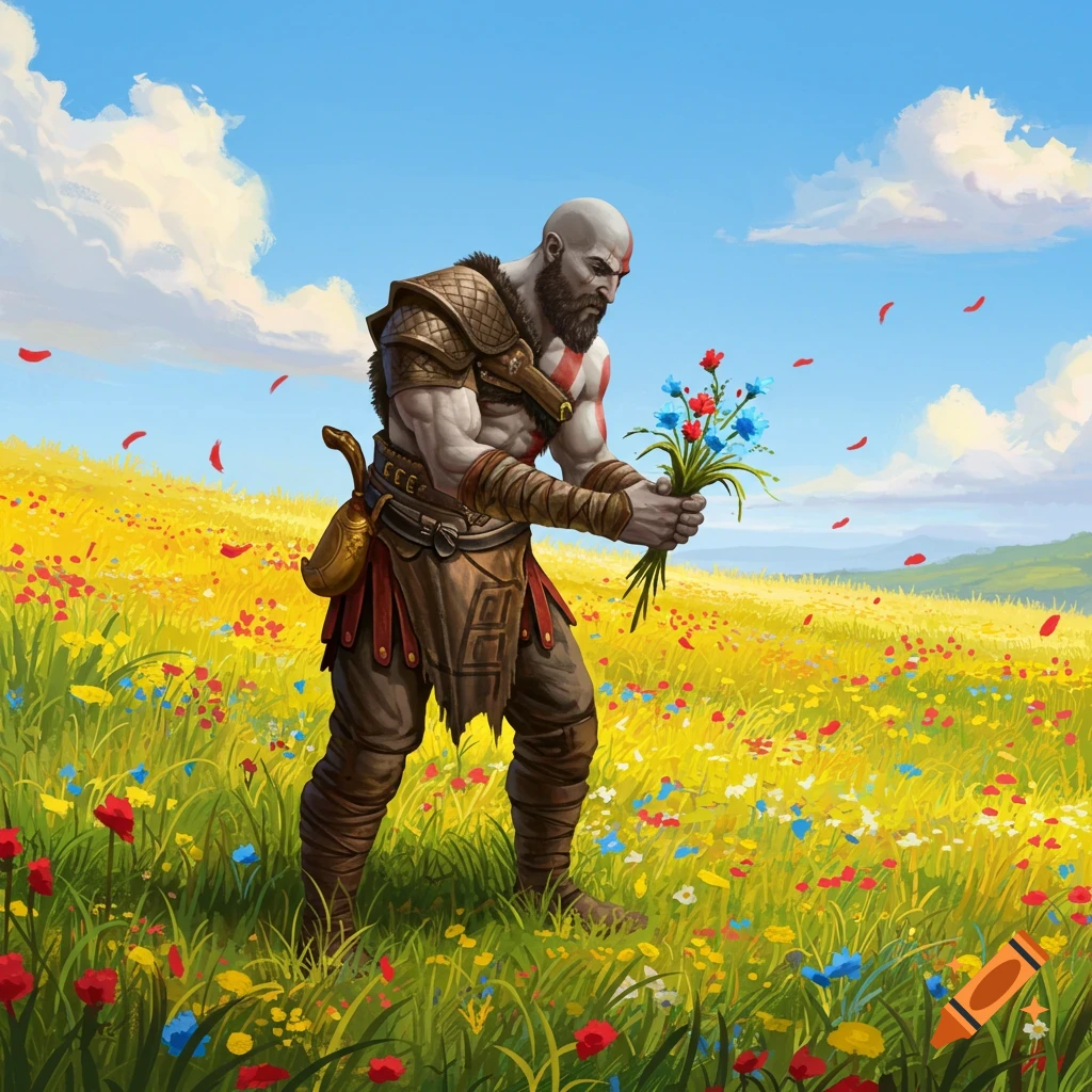 A bald, muscular Kratos picks a bouquet of red and blue flowers in a vibrant, sunny meadow under a blue sky, stylized art.