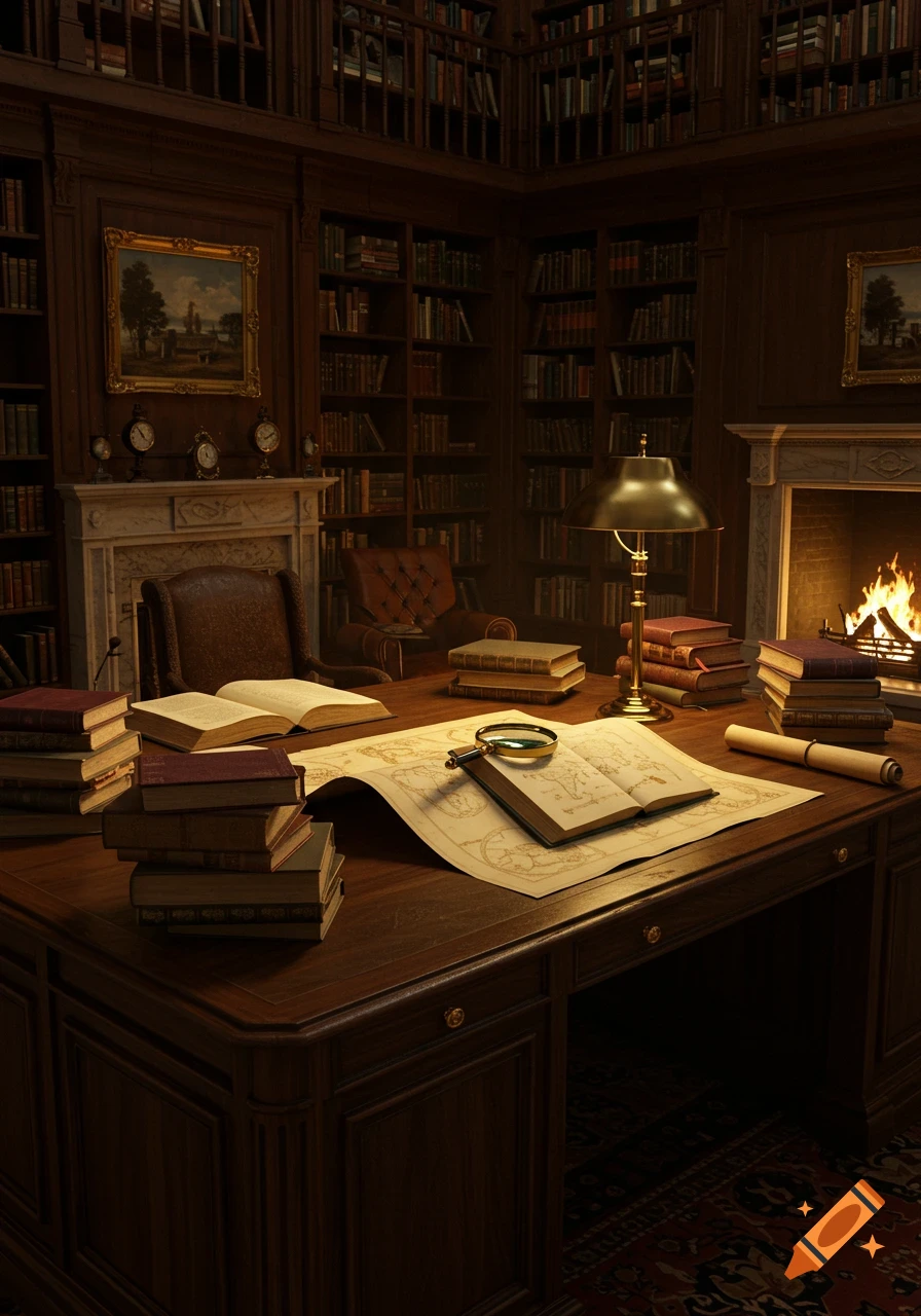 A dimly lit, vintage library study with a large wooden desk, open books, a magnifying glass on a map, and a cozy fireplace.