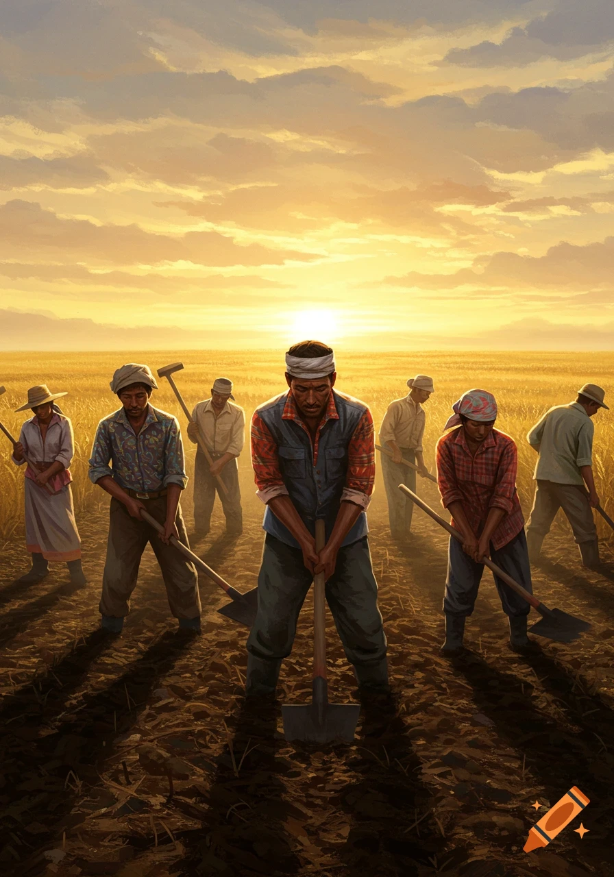 Illustrated scene of a group of farmers and laborers with tools, working in a sunlit field at sunset.