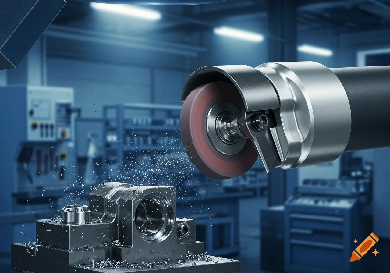 A close-up of a deburring tool grinding a metal part in a factory, with sparks and metal shavings flying.