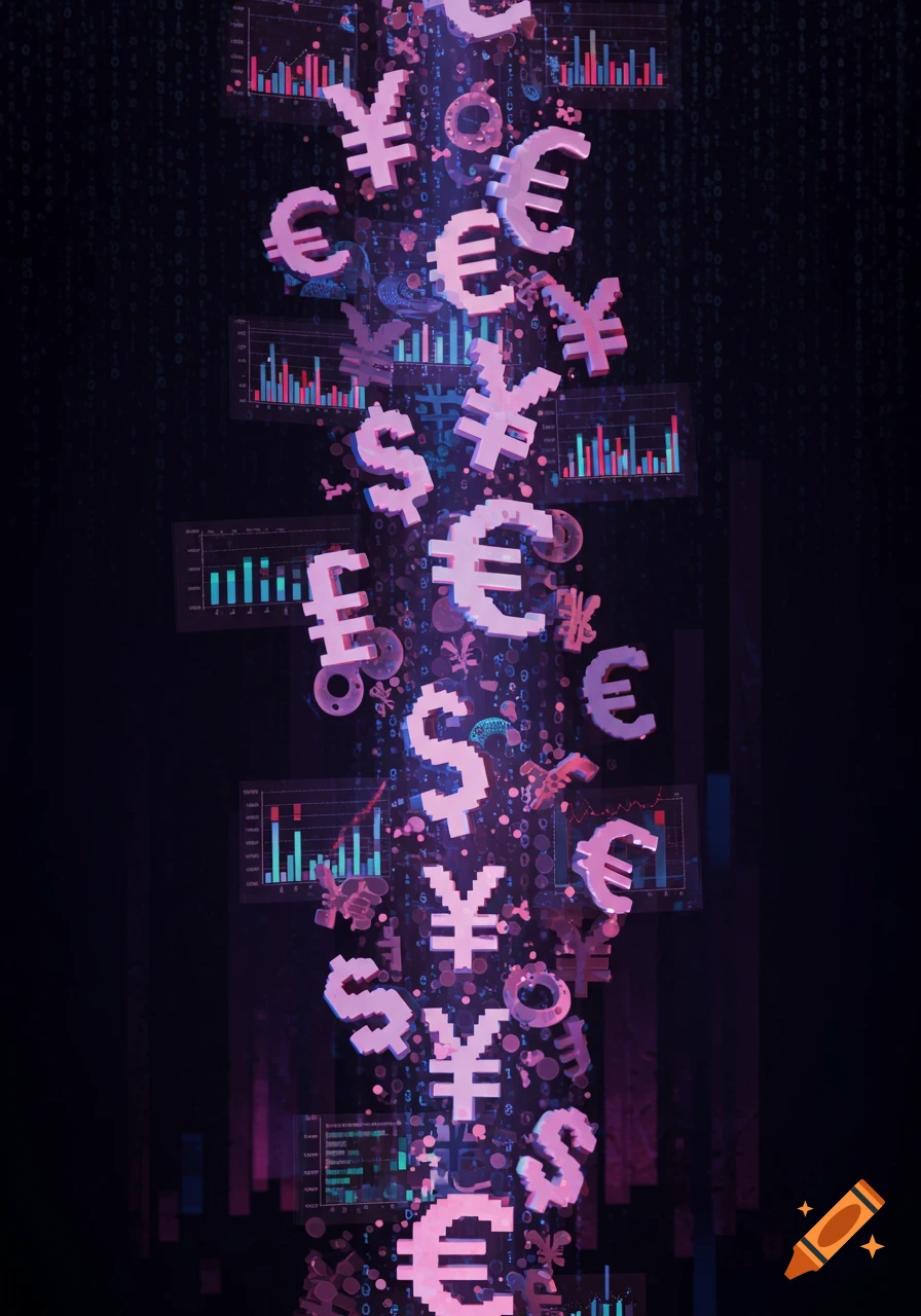 Pixelated currency symbols (€, $, ¥) glowing and falling in a digital column, surrounded by graphs and data streams on a dark background.