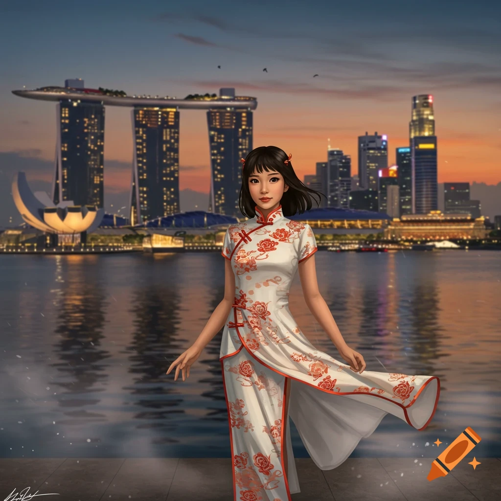 A digital painting of a woman in a white cheongsam with red floral patterns, standing against the Singapore skyline at sunset.
