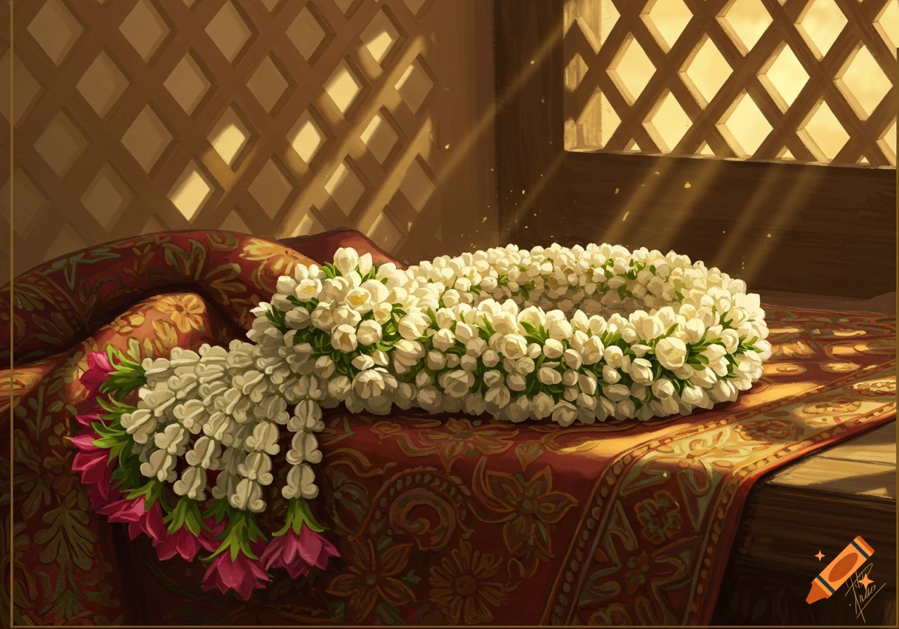 A white jasmine flower garland with pink blooms rests on a red patterned cloth, bathed in sunlight from a latticed window.