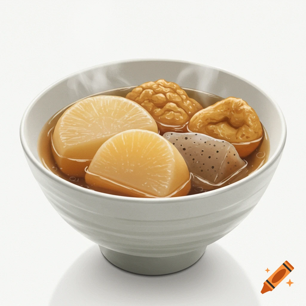 A close-up of a white bowl filled with Japanese oden, featuring daikon radish, konjac, and fried tofu in a light broth.
