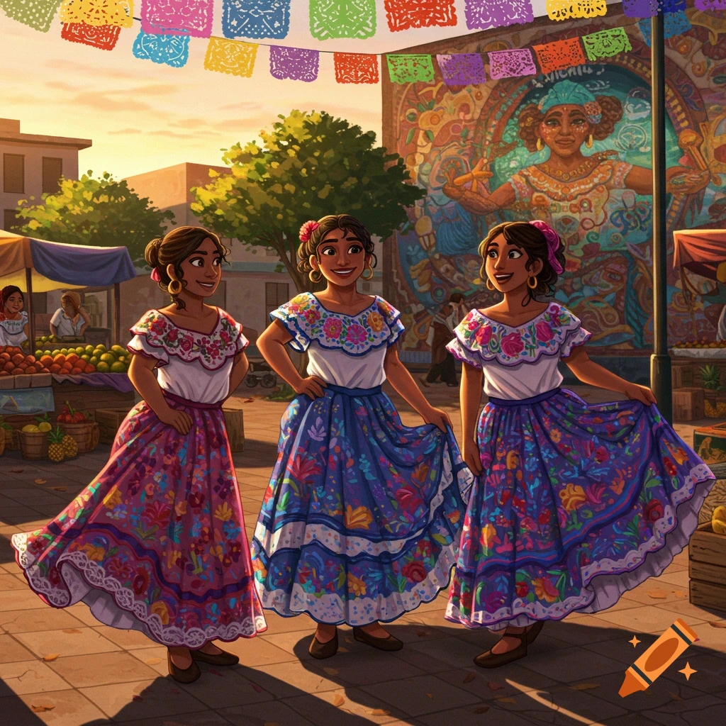 Three smiling Latino women in colorful embroidered dresses at an outdoor market with banners and a mural, illustration.