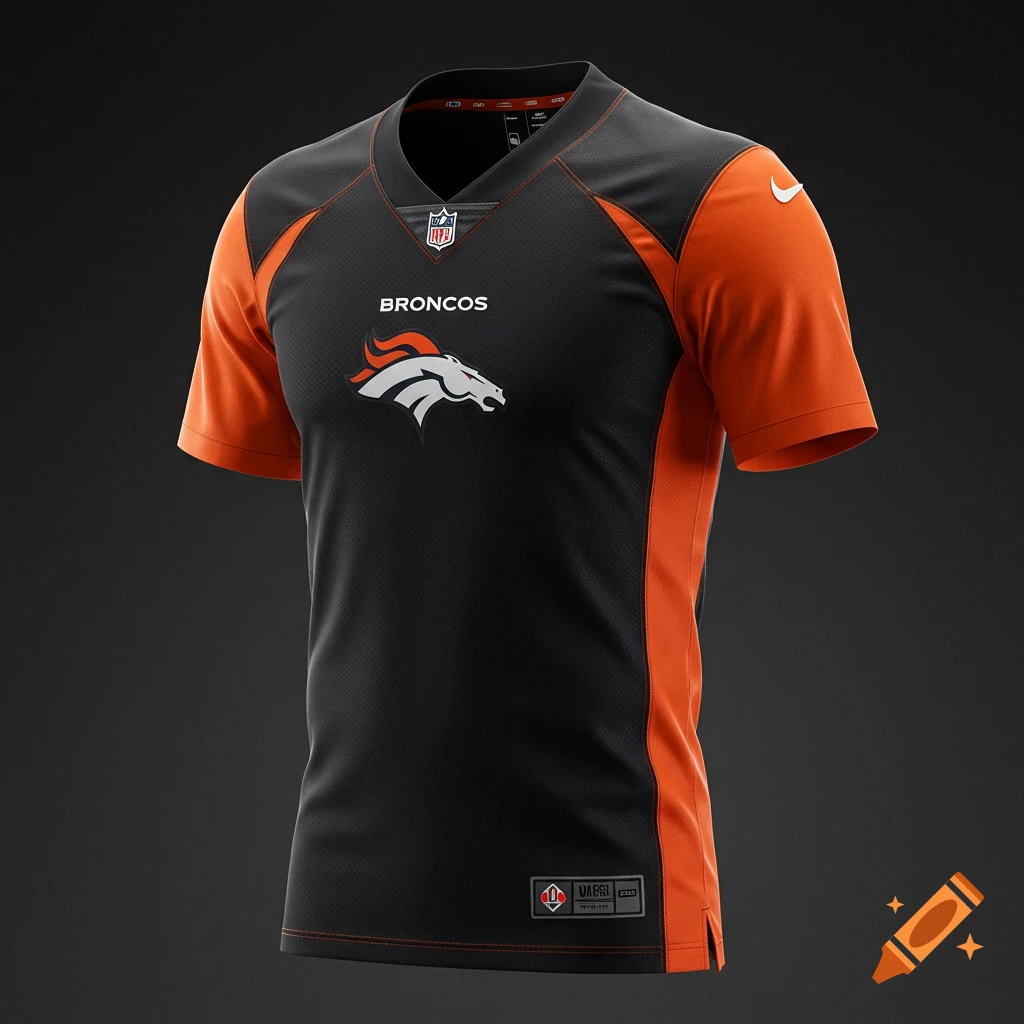 A black and orange Denver Broncos jersey with the team name, horse logo, NFL shield, and Nike swoosh.