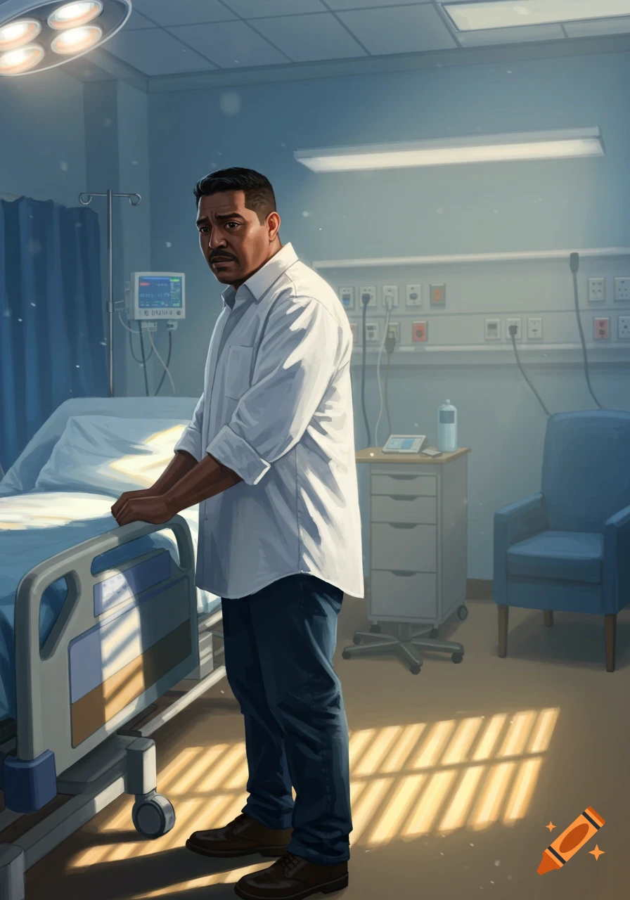 A sad Latino man in a white shirt stands next to a hospital bed, sunlight casting shadows on the floor. Illustrated style.