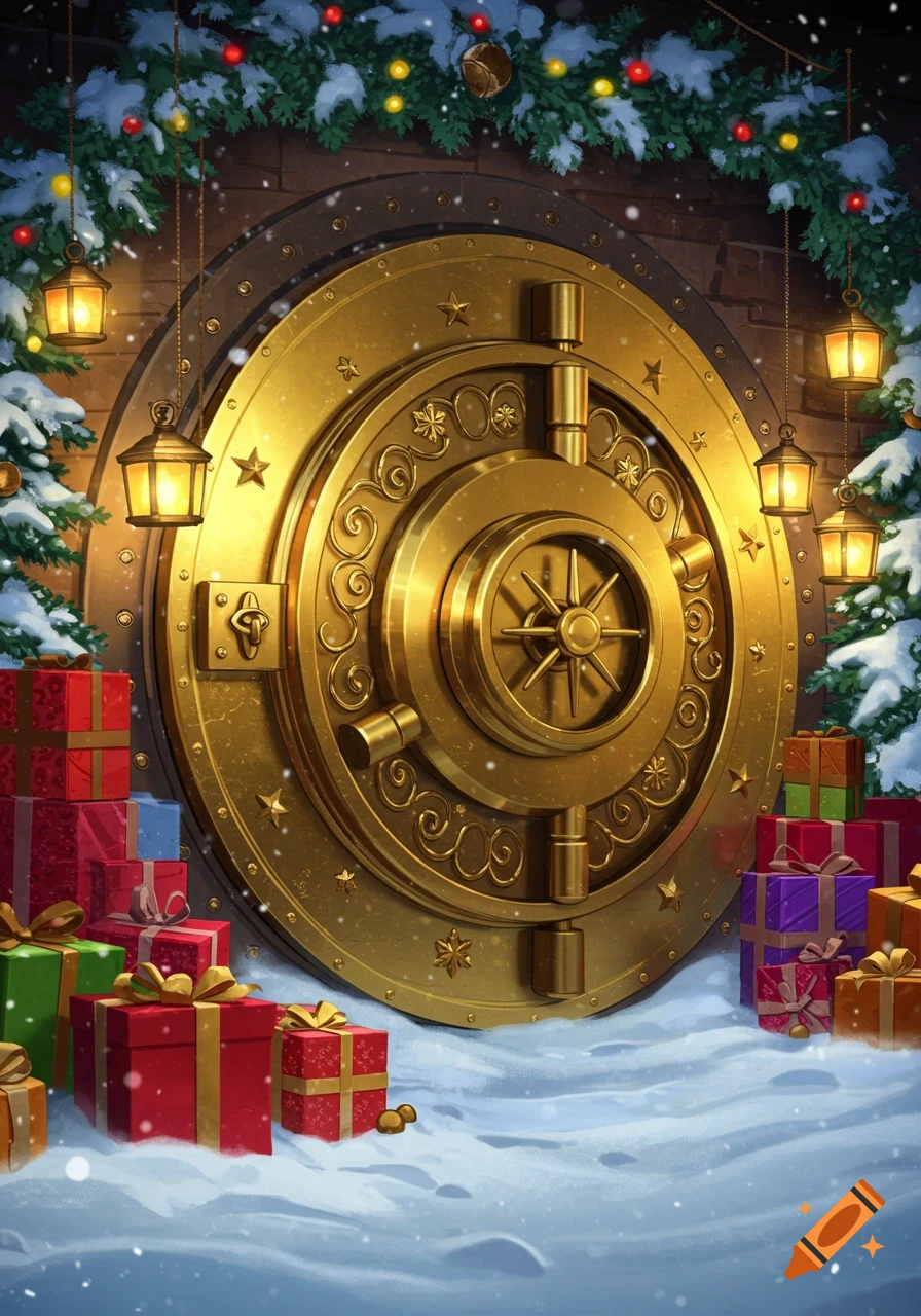 Golden bank vault door decorated for Christmas with festive garland, glowing lanterns, snow, and piles of wrapped gifts.