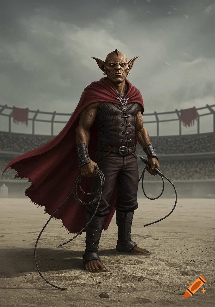 Photorealistic image of a grim-faced, brown-skinned goblin in a red cloak and black leather, holding whips in a sandy arena.