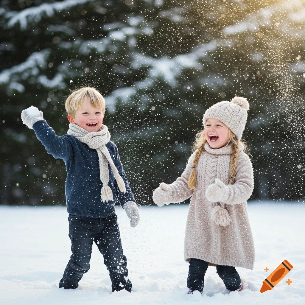 Two cheerful young children, a boy and a girl, play in the snow, throwing snowballs and laughing.
