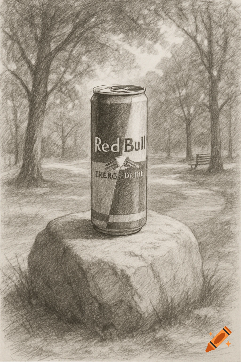 A detailed pencil sketch shows a Red Bull can resting majestically on a large rock in a park.