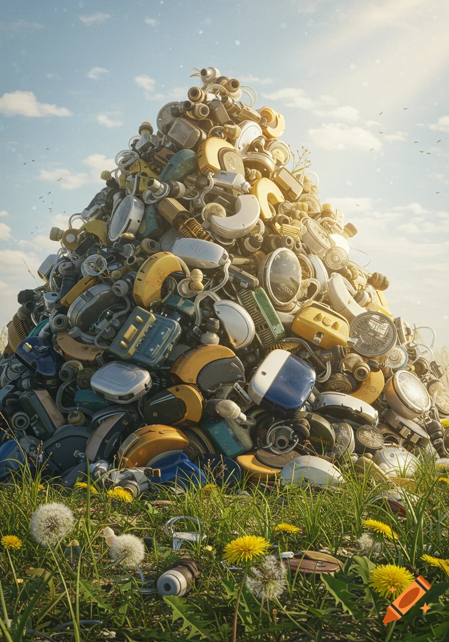 A massive pile of discarded hearing aids on a grassy field with dandelions under a blue sky, photorealistic.