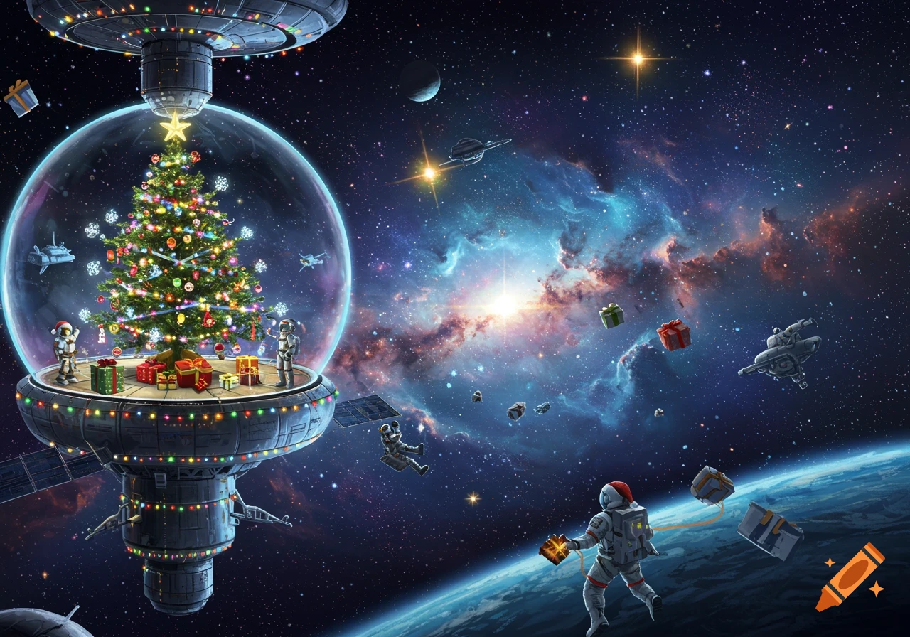 A Christmas tree inside a transparent dome on a space station, surrounded by astronauts, floating presents, planets, and a vibrant nebula in deep space.