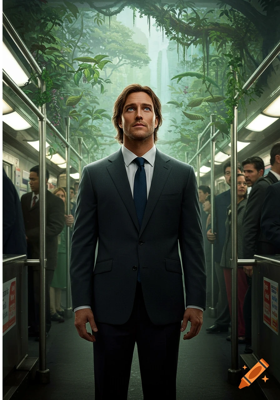 A man in a suit stands in a subway car, looking up at a lush jungle vision with waterfalls that replaces the subway ceiling.