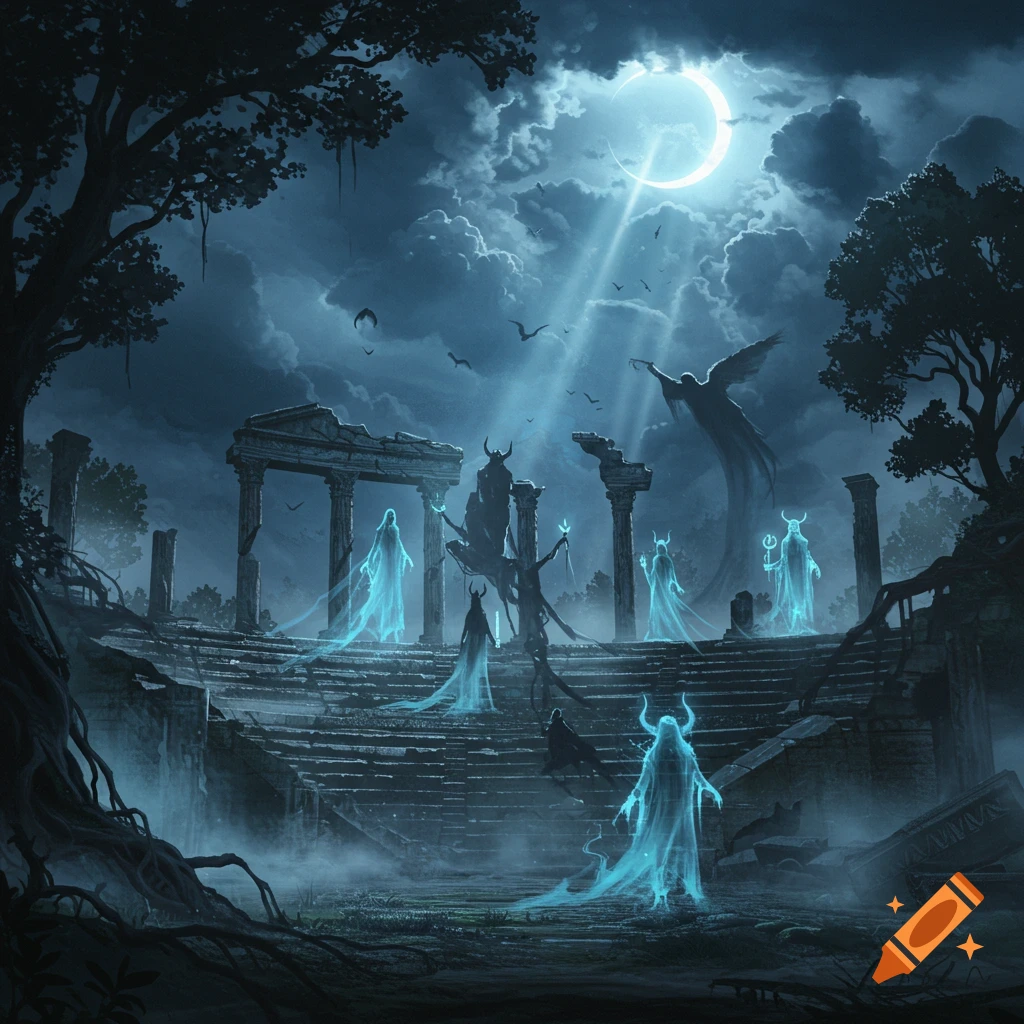 Mystical dark fantasy art of glowing ghostly figures in ancient moonlit ruins, under a cloudy night sky with a crescent moon.