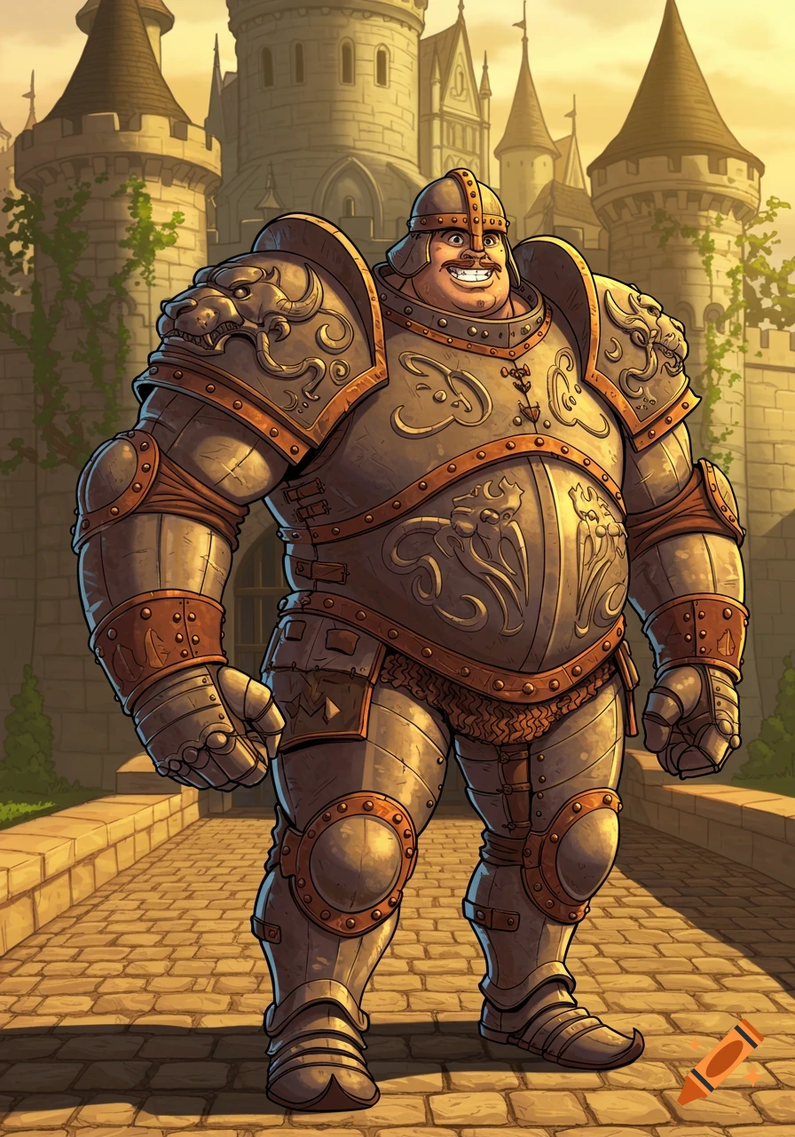 A portly, smiling cartoon knight in ornate silver and bronze armor with undersized legs stands on a paved path before a large castle.