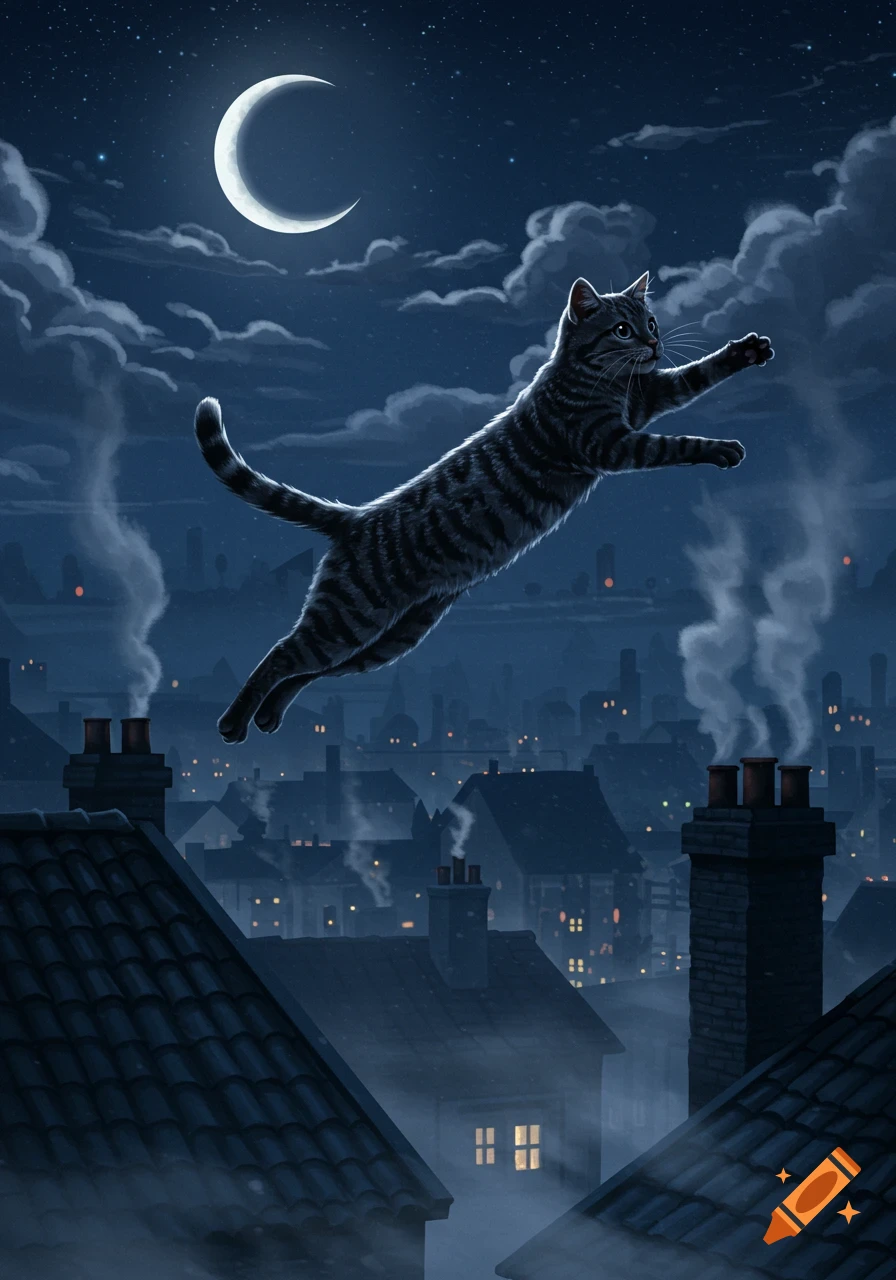 An illustrated tabby cat leaps gracefully over dark city rooftops under a crescent moon and starry night sky.