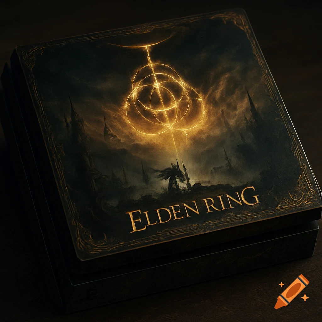 A limited edition PS4 console displaying the Elden Ring game art, featuring a dark fantasy landscape with a glowing golden symbol.