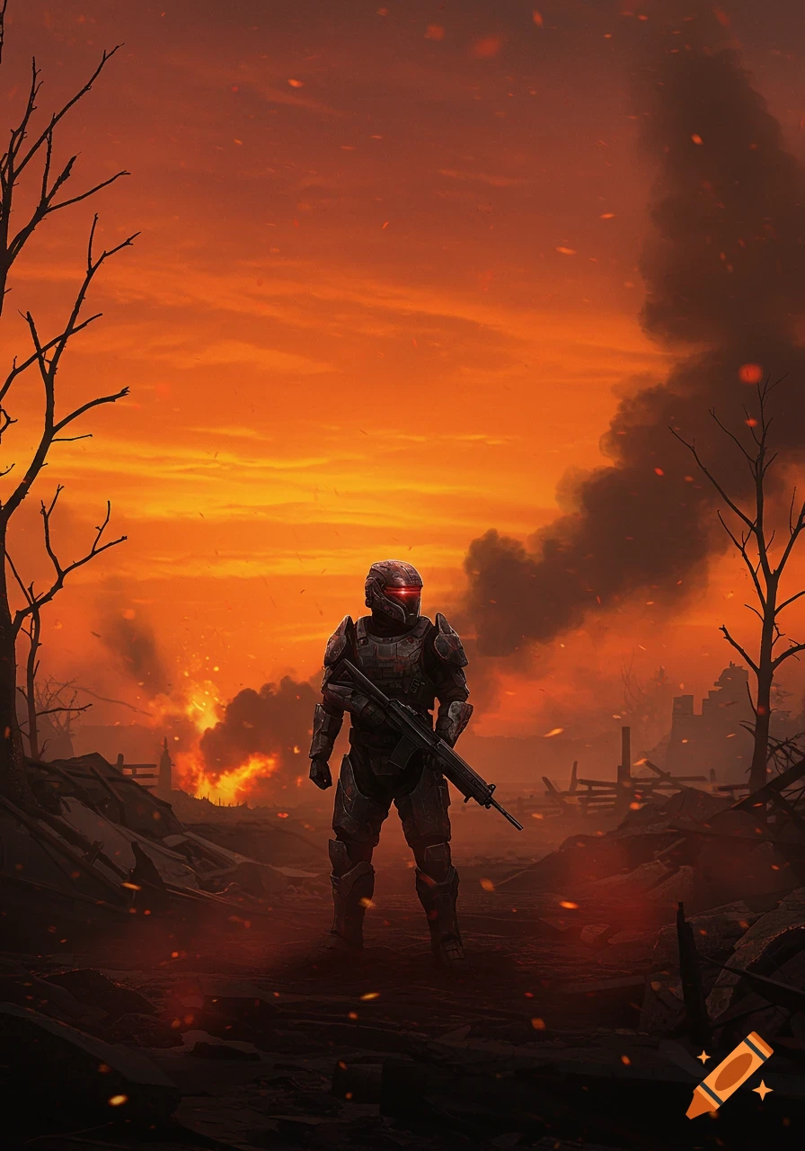 A futuristic soldier in dark armor stands holding a rifle in a desolate, burning warzone under an orange sky with smoke and bare trees.