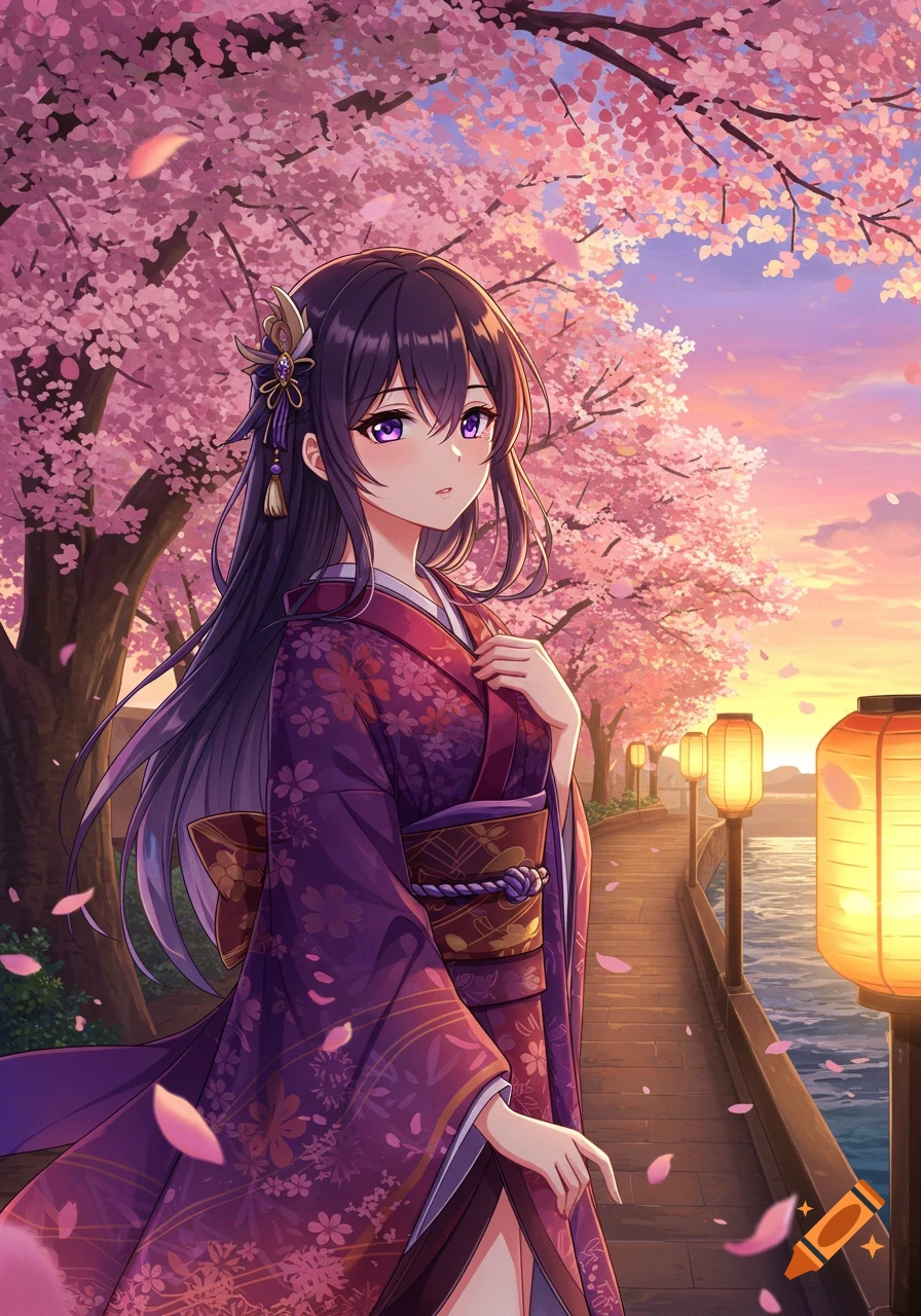 Anime woman in a purple kimono standing under cherry blossom trees on a boardwalk at sunset.