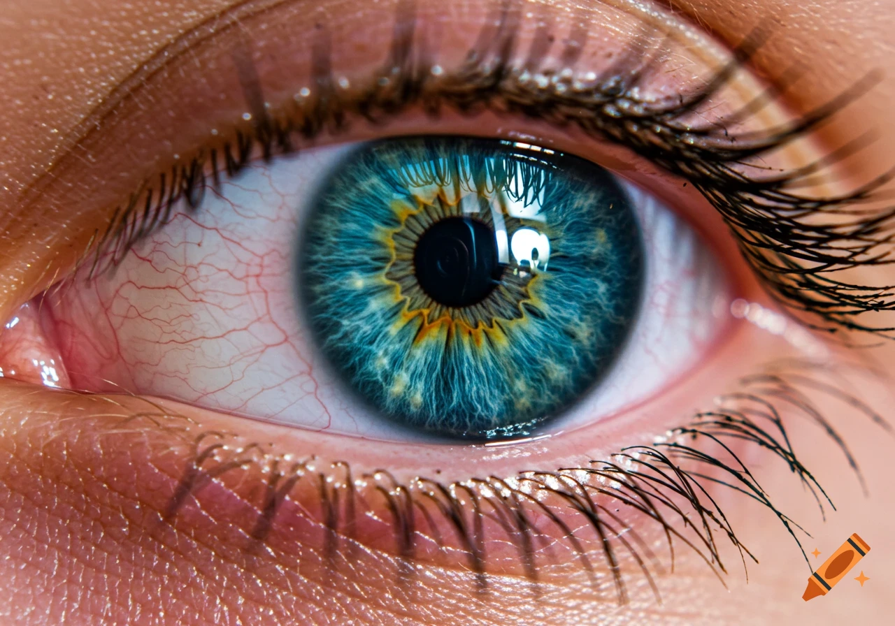 A detailed macro shot of a blue and yellow human eye with visible veins and eyelashes, showing reflections in the pupil.