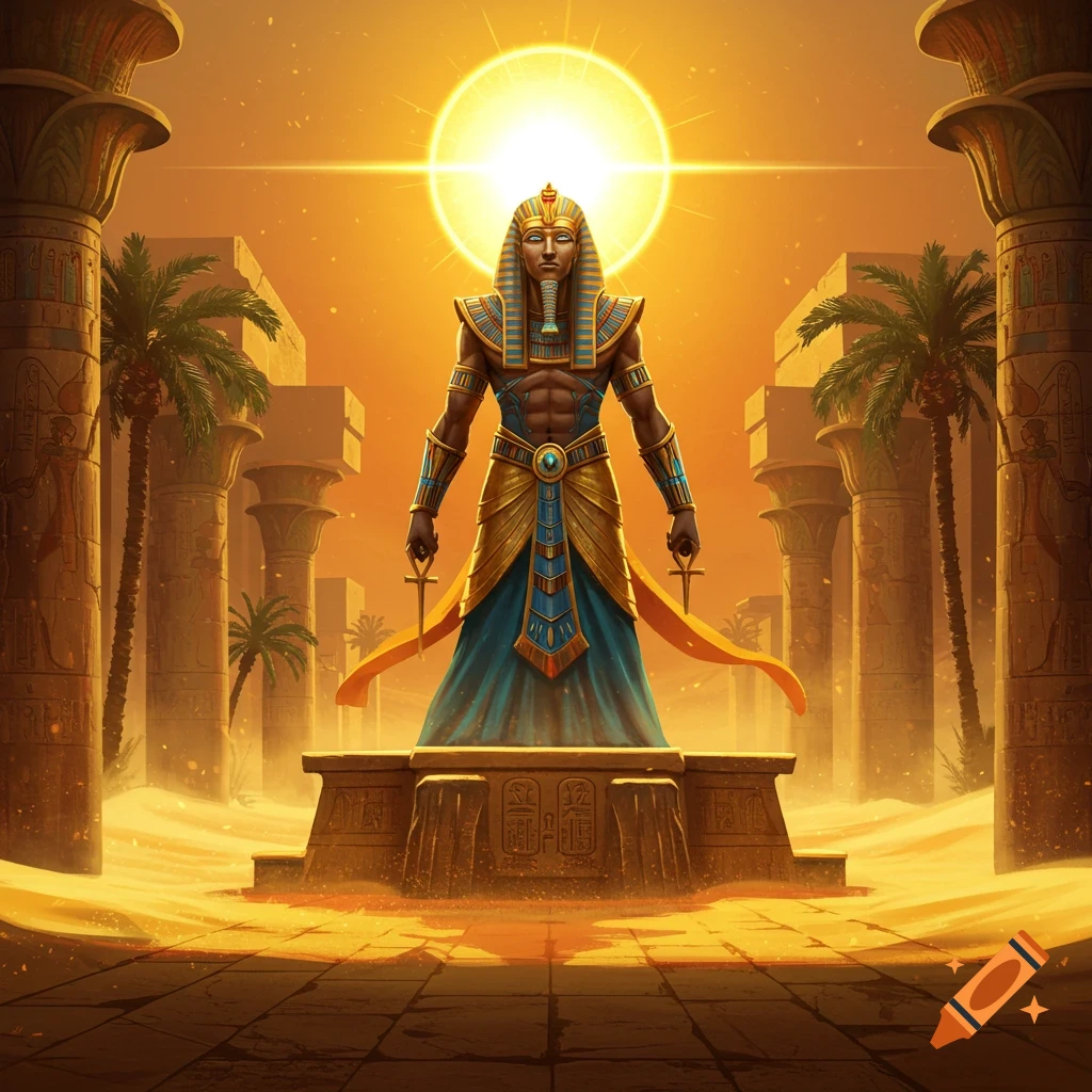 An epic, golden-hued artwork depicts the Egyptian god Ra in majestic attire standing on a pedestal in a desert temple under a bright sun disk.