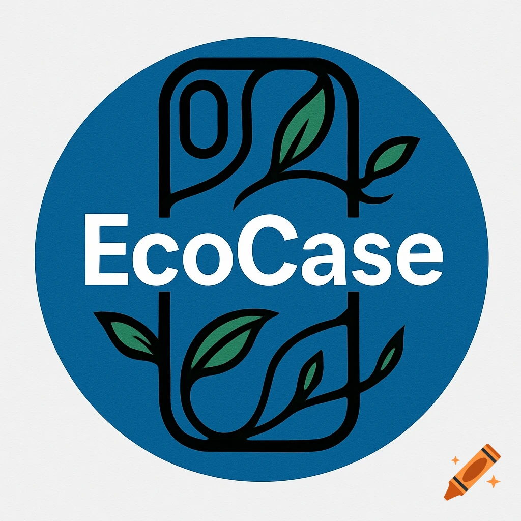 Round blue logo with white 'EcoCase' text, featuring a black phone case outline intertwined with green leaves.
