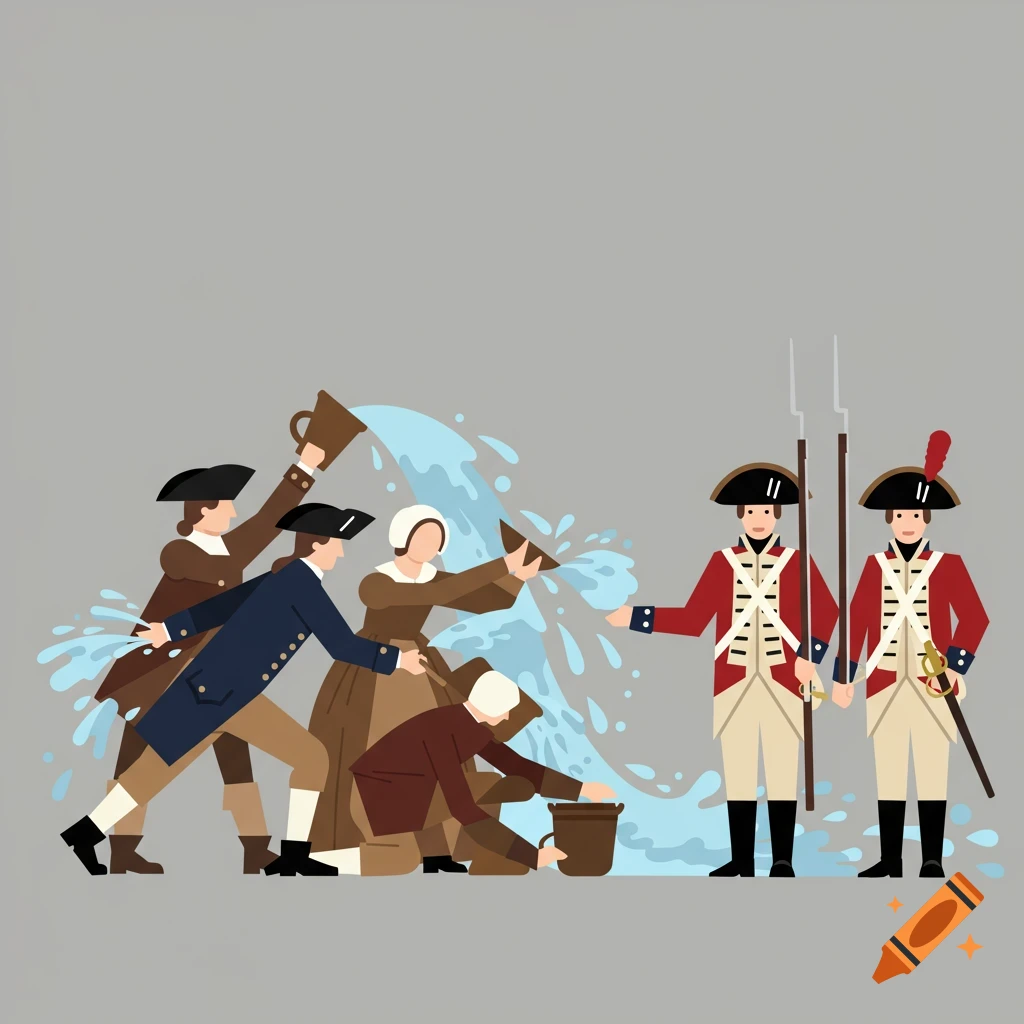 Flat illustration of colonists pouring buckets of water on two British soldiers.
