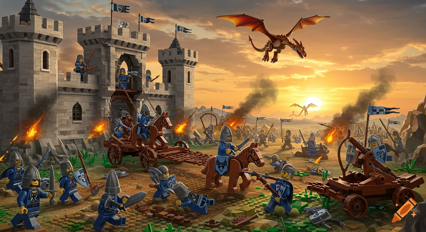 A vibrant Lego Black Falcon castle battle at dawn with minifigure knights, horses, catapults, fire, and flying dragons.