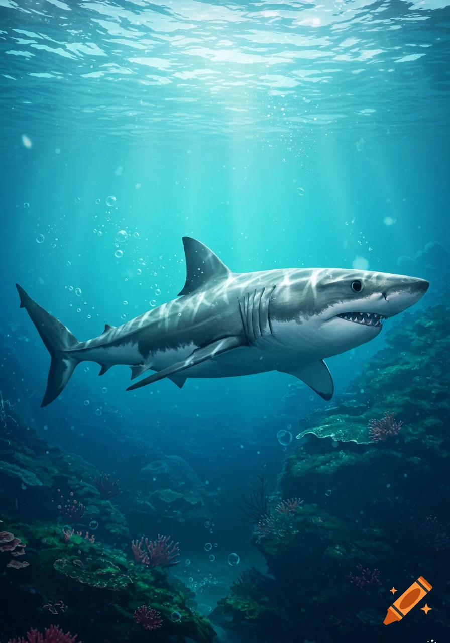 A majestic great white shark swims in clear blue ocean waters, surrounded by light rays, bubbles, and distant corals.