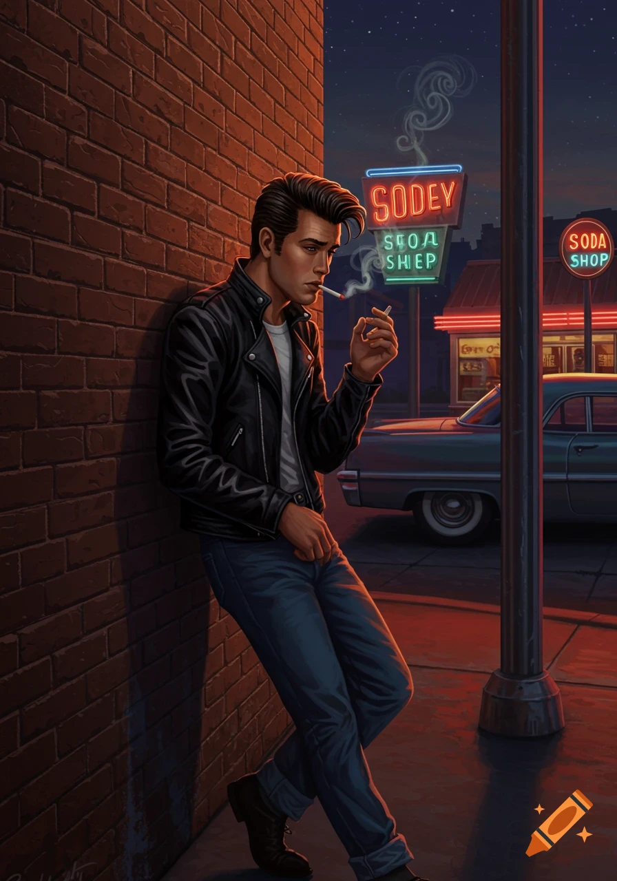 Illustration of a 1950s greaser smoking a cigarette, leaning against a brick wall on a retro street at night with neon signs.