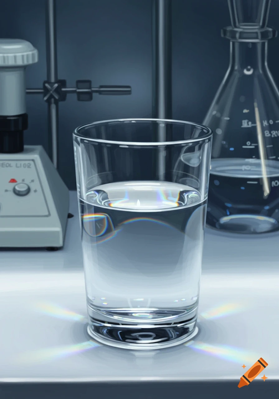 A half-full glass of water sits on a white lab counter with scientific equipment and flasks in the background, featuring refracted light.