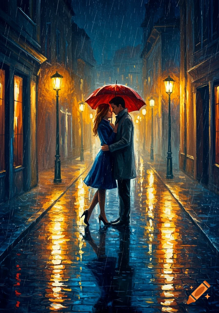 Painterly image of a couple embracing under a red umbrella on a rainy city street at night, with reflections from streetlights.