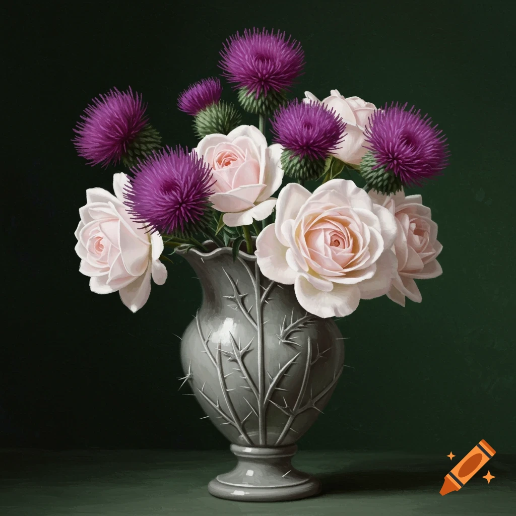 A detailed painting of white roses and purple thistles in a grey, thorn-patterned vase against a dark green background.