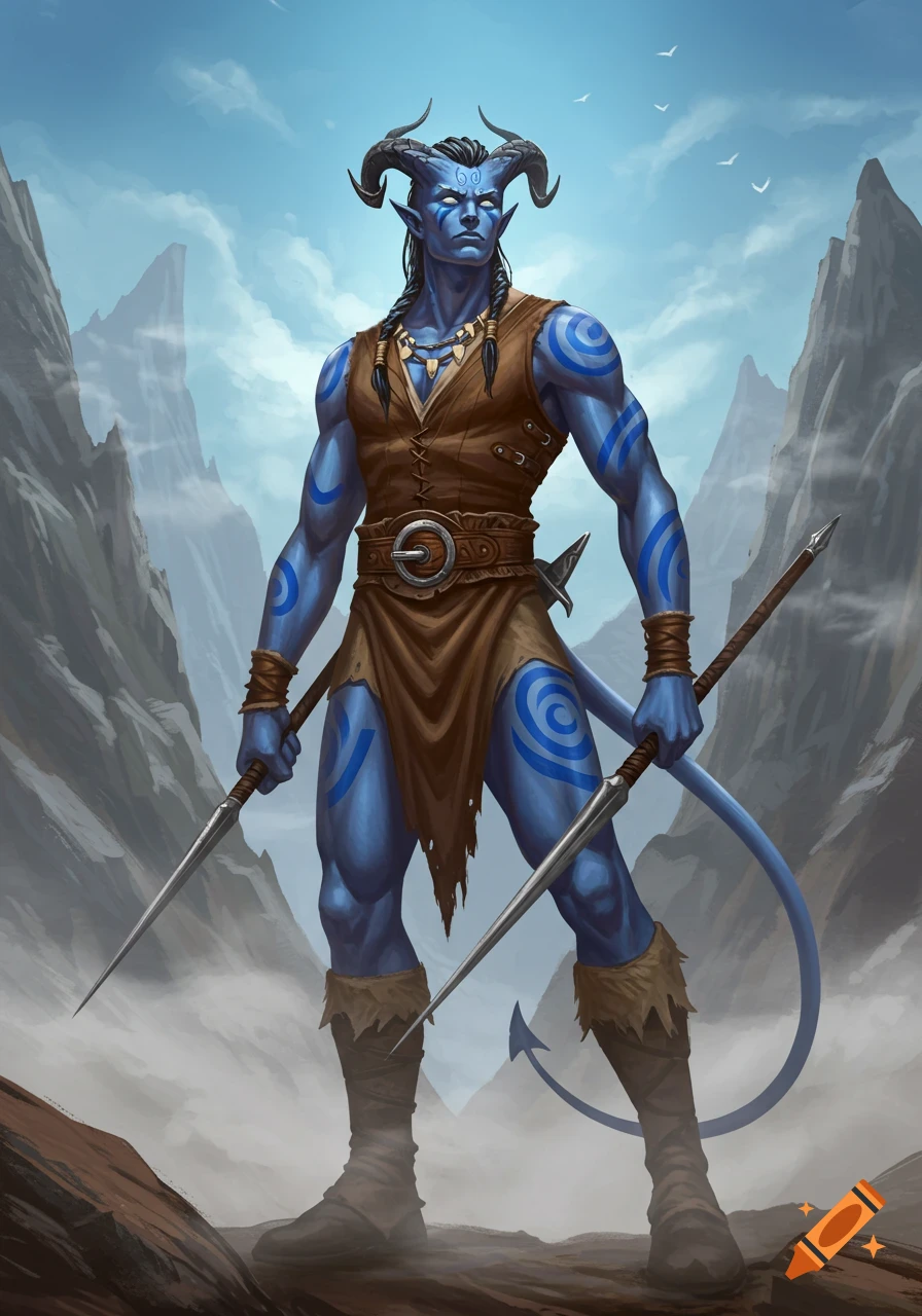 A muscular blue-skinned Tiefling barbarian with horns, braids, and tribal markings stands in a mountain landscape, holding two javelins.