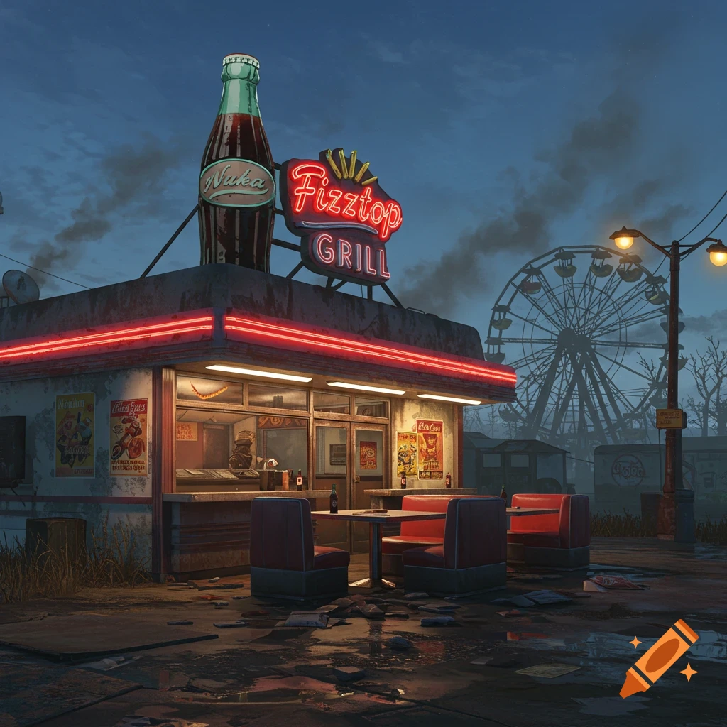 A rundown Fizztop Grill diner with a giant Nuka Cola bottle sign and neon lights, with a ferris wheel in the background at dusk in a post-apocalyptic setting.