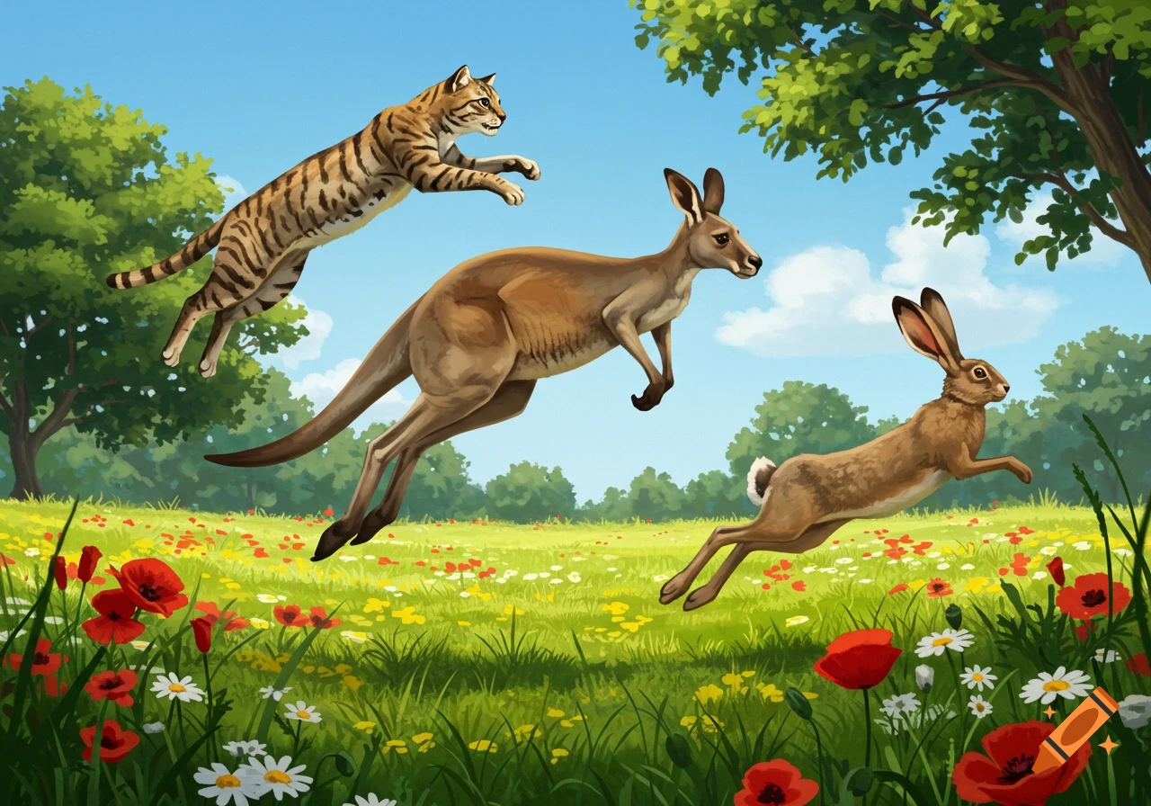A tiger-striped cat, a kangaroo, and a hare leap across a vibrant green meadow with poppies and daisies under a blue sky.