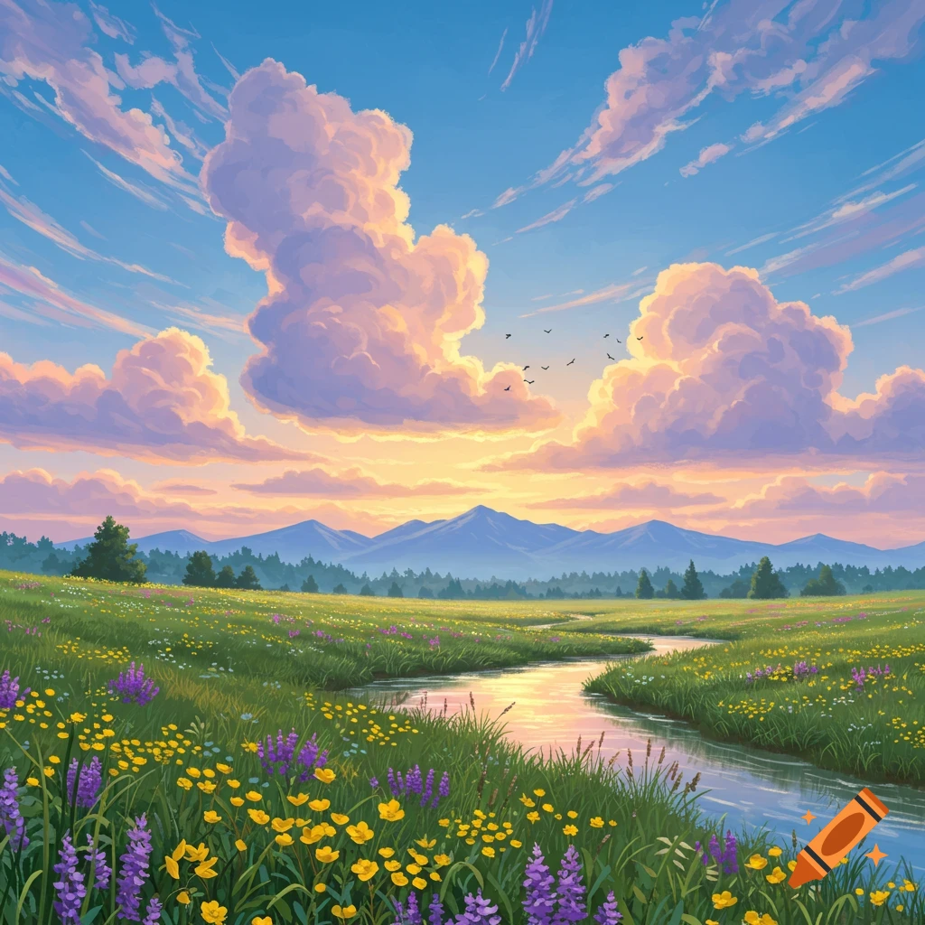 A vibrant digital painting of a winding river through a field of purple and yellow wildflowers, with distant mountains under a blue sky with fluffy pink and white clouds.