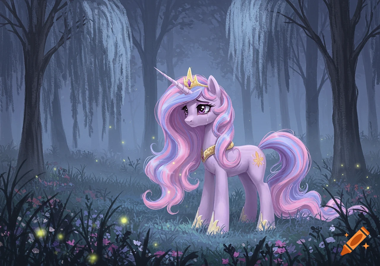 A sad unicorn princess with a pink and purple mane, golden crown, and teardrop, stands in a mystical, misty forest with glowing fireflies.